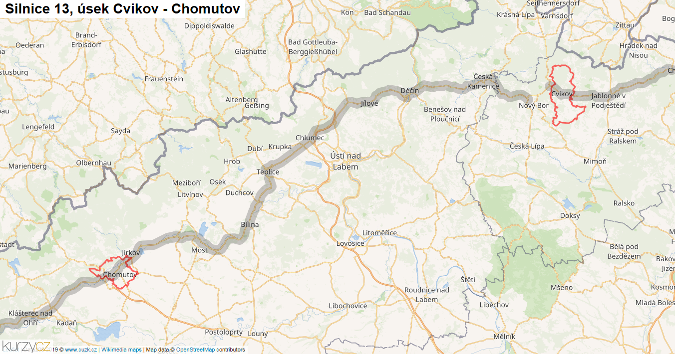 Úsek Cvikov - Chomutov, Silnice 13 - Mapa