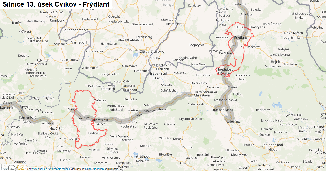 Úsek Cvikov - Frýdlant, Silnice 13 - Mapa