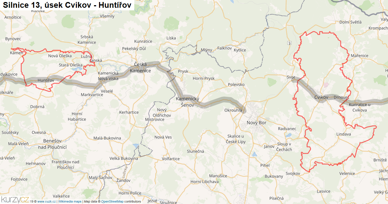 Úsek Cvikov - Huntířov, Silnice 13 - Mapa