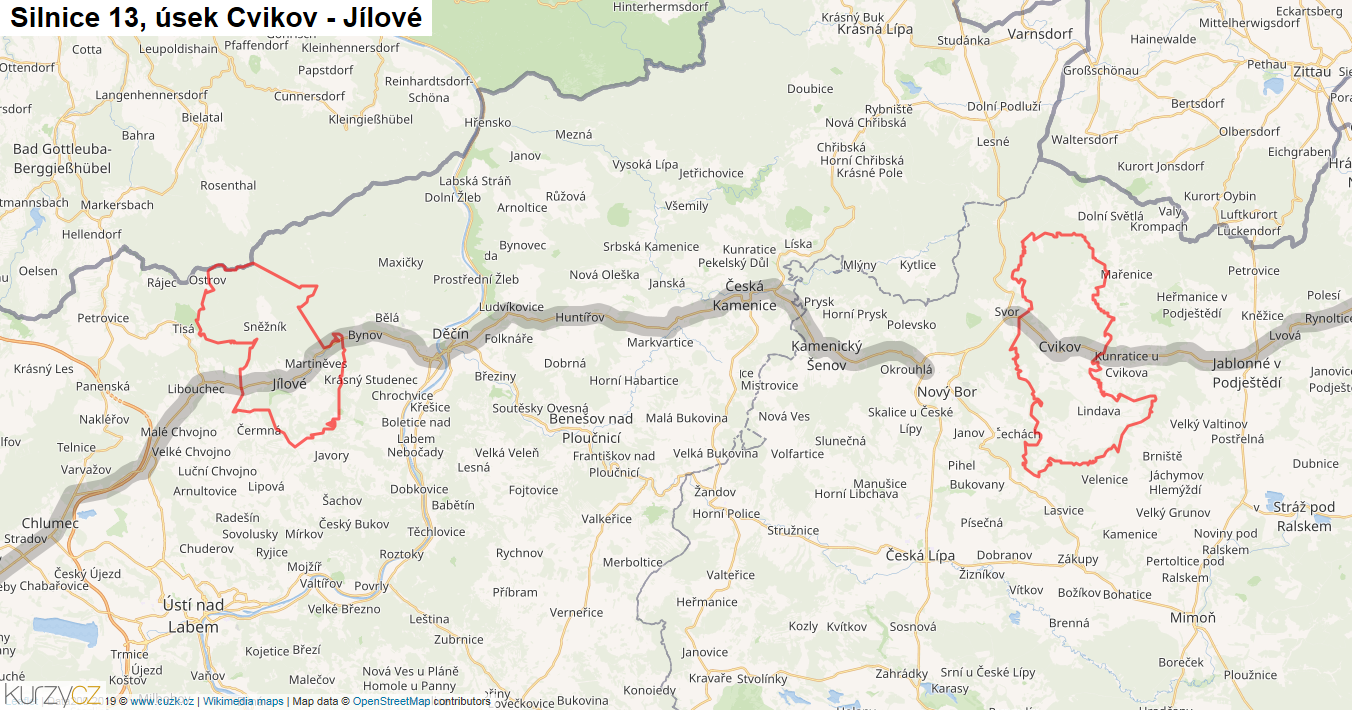 Úsek Cvikov - Jílové, Silnice 13 - Mapa