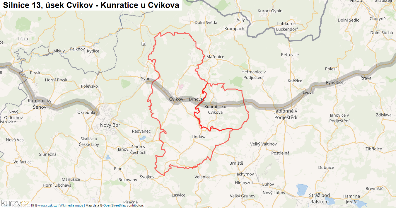 Úsek Cvikov - Kunratice u Cvikova, Silnice 13 - Mapa