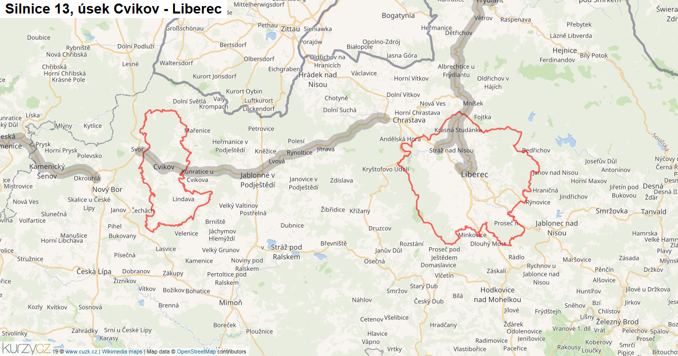 Úsek Cvikov - Liberec, Silnice 13 - Mapa
