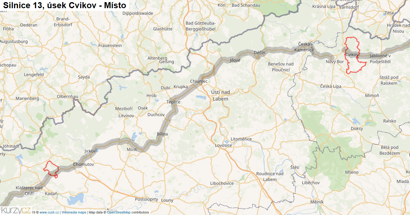 Úsek Cvikov - Místo, Silnice 13 - Mapa