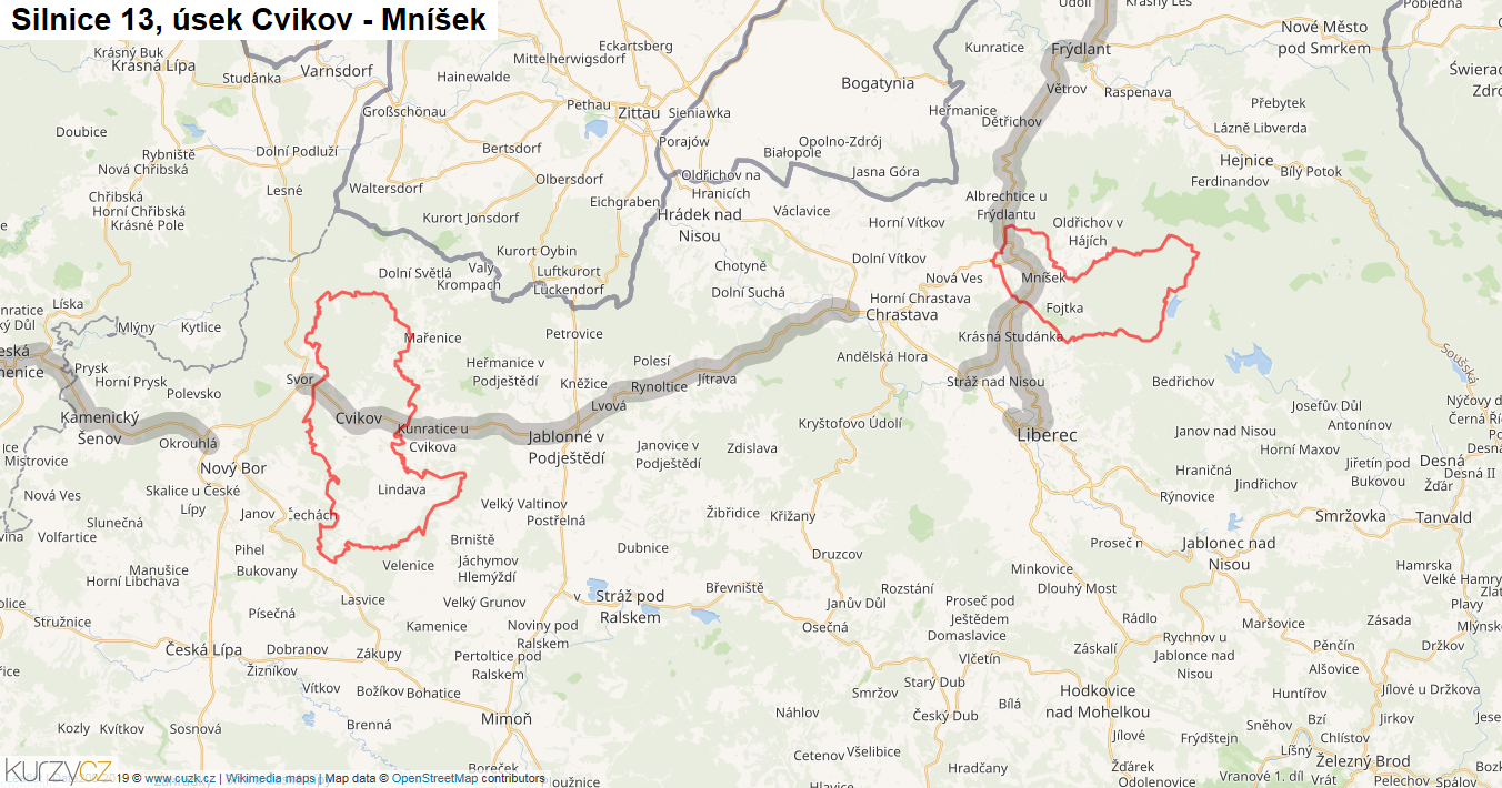 Úsek Cvikov - Mníšek, Silnice 13 - Mapa