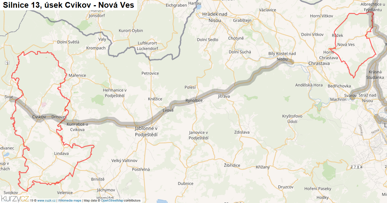 Úsek Cvikov - Nová Ves, Silnice 13 - Mapa