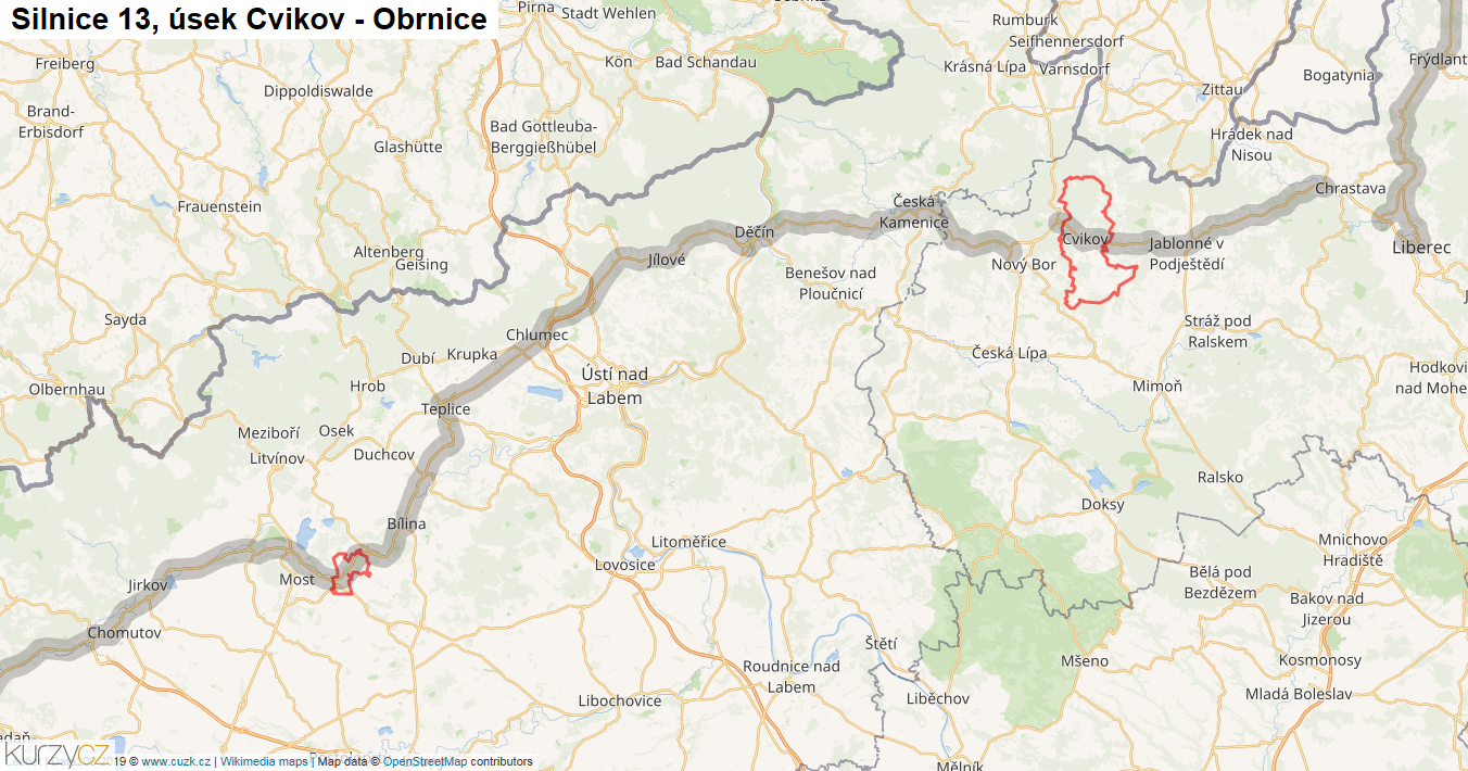 Úsek Cvikov - Obrnice, Silnice 13 - Mapa