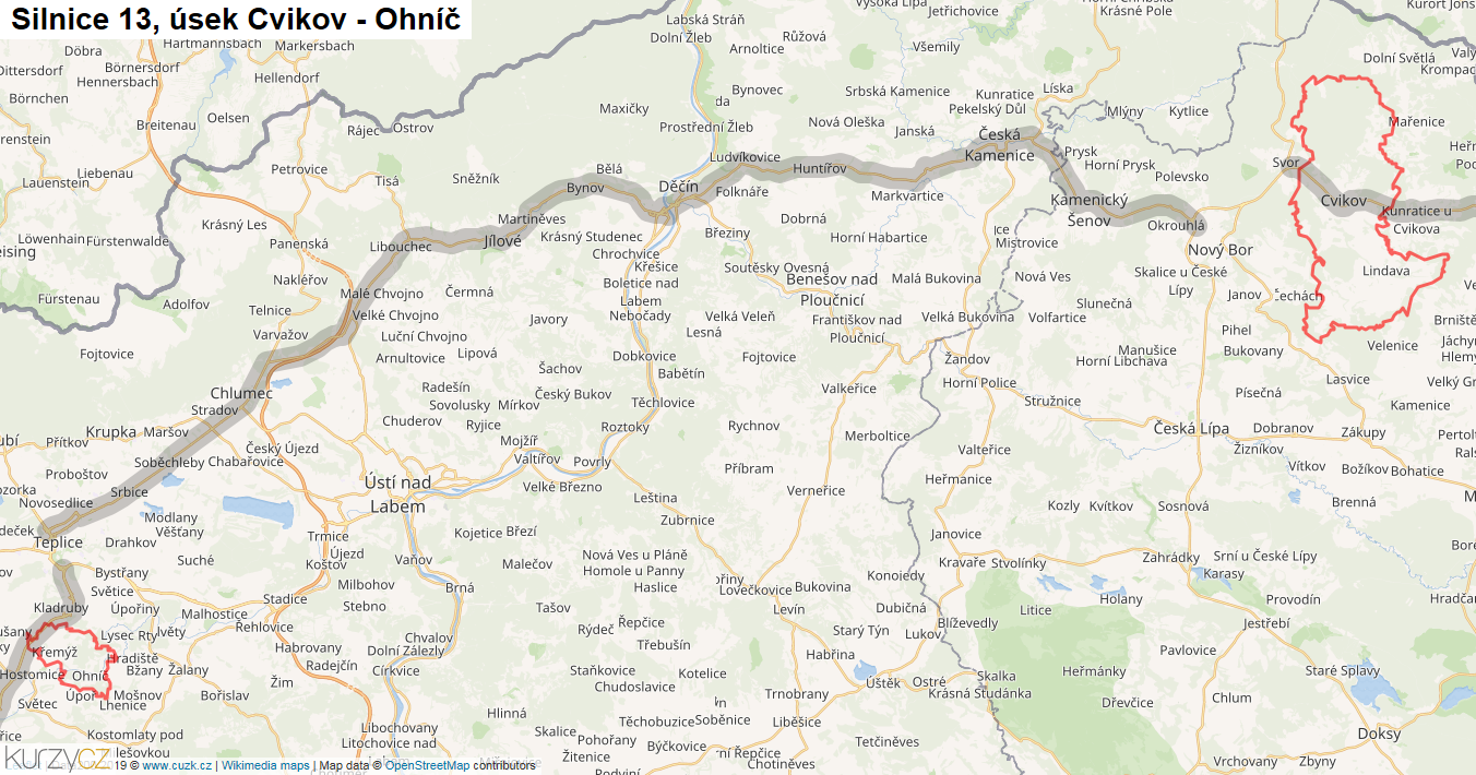 Úsek Cvikov - Ohníč, Silnice 13 - Mapa