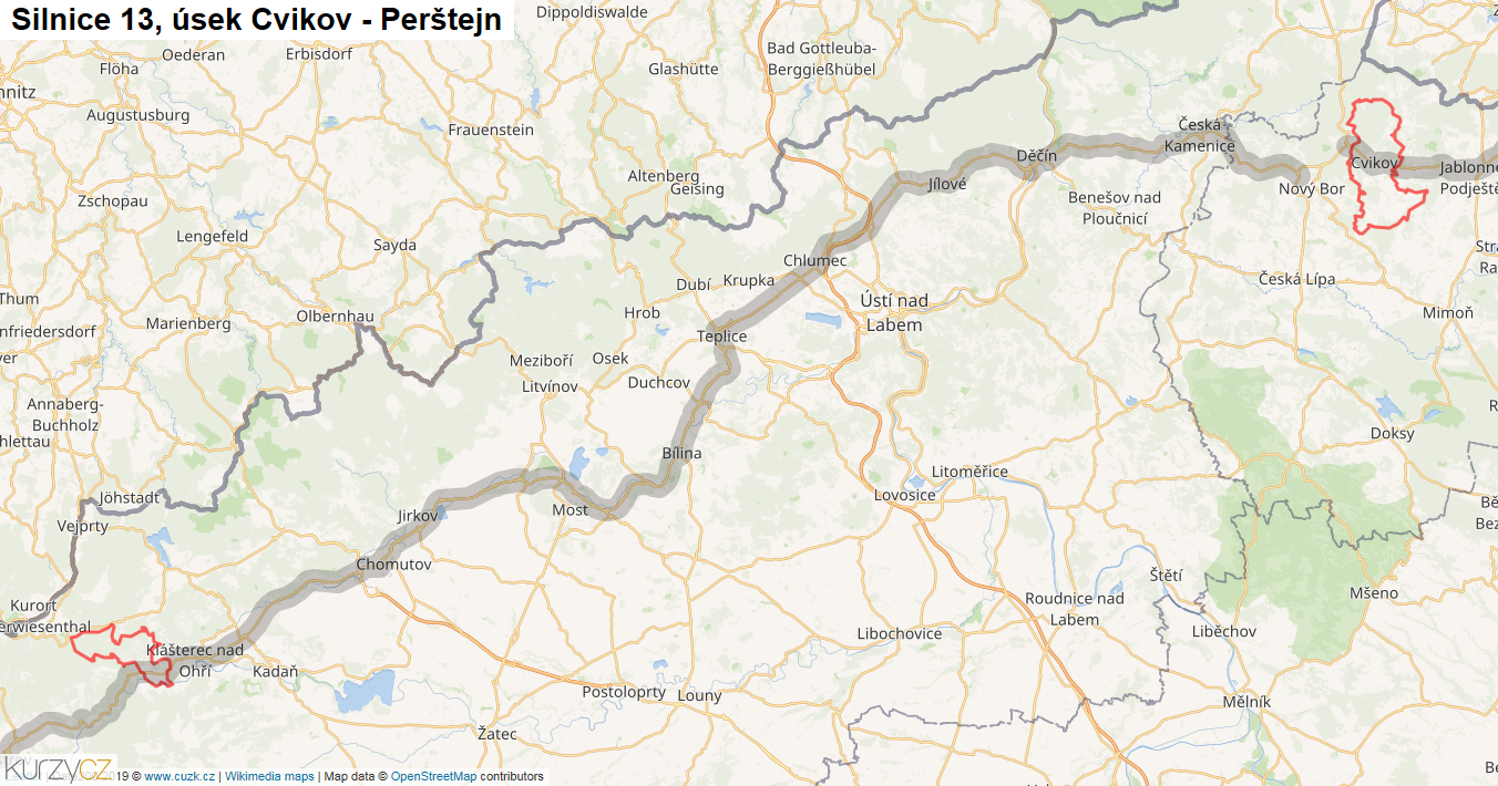 Úsek Cvikov - Perštejn, Silnice 13 - Mapa