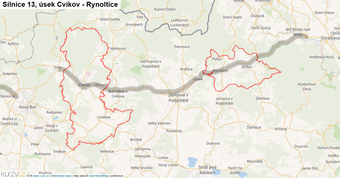 Úsek Cvikov - Rynoltice, Silnice 13 - Mapa