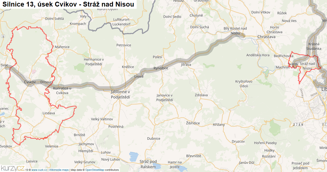 Úsek Cvikov - Stráž nad Nisou, Silnice 13 - Mapa