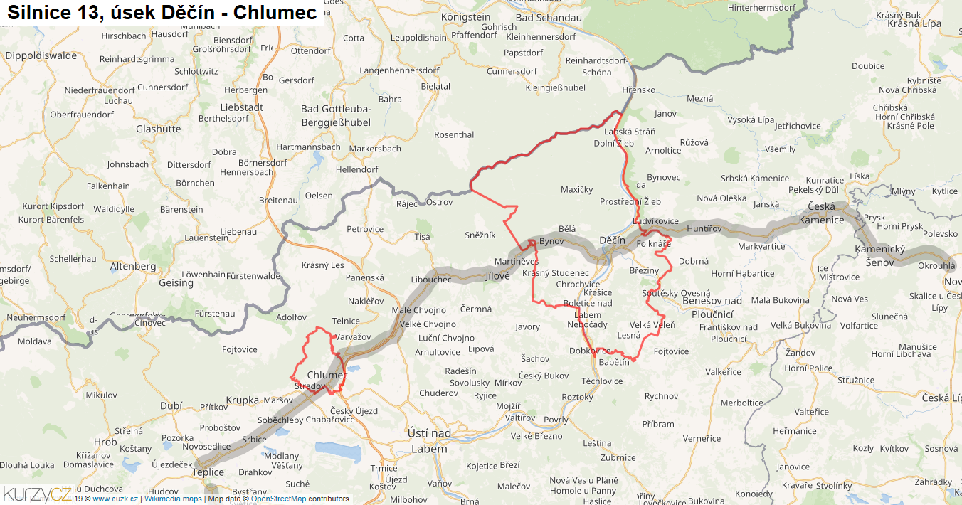 Úsek Děčín - Chlumec, Silnice 13 - Mapa