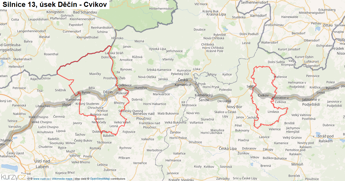 Úsek Děčín - Cvikov, Silnice 13 - Mapa