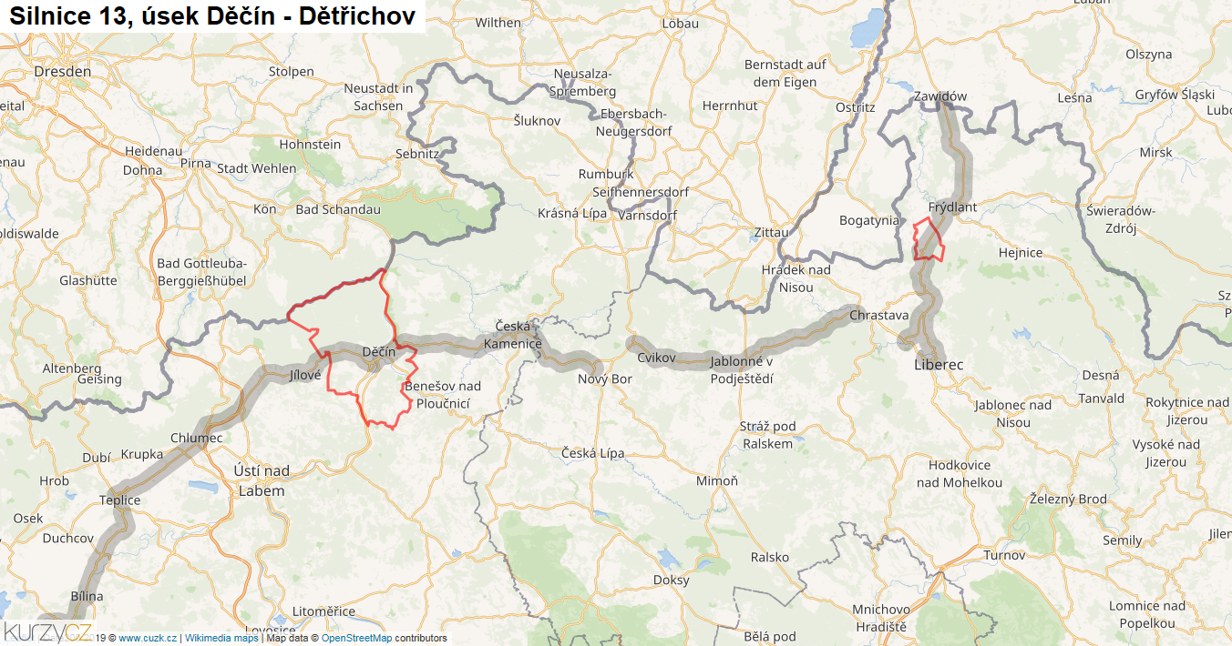 Úsek Děčín - Dětřichov, Silnice 13 - Mapa