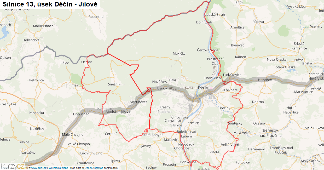 Úsek Děčín - Jílové, Silnice 13 - Mapa
