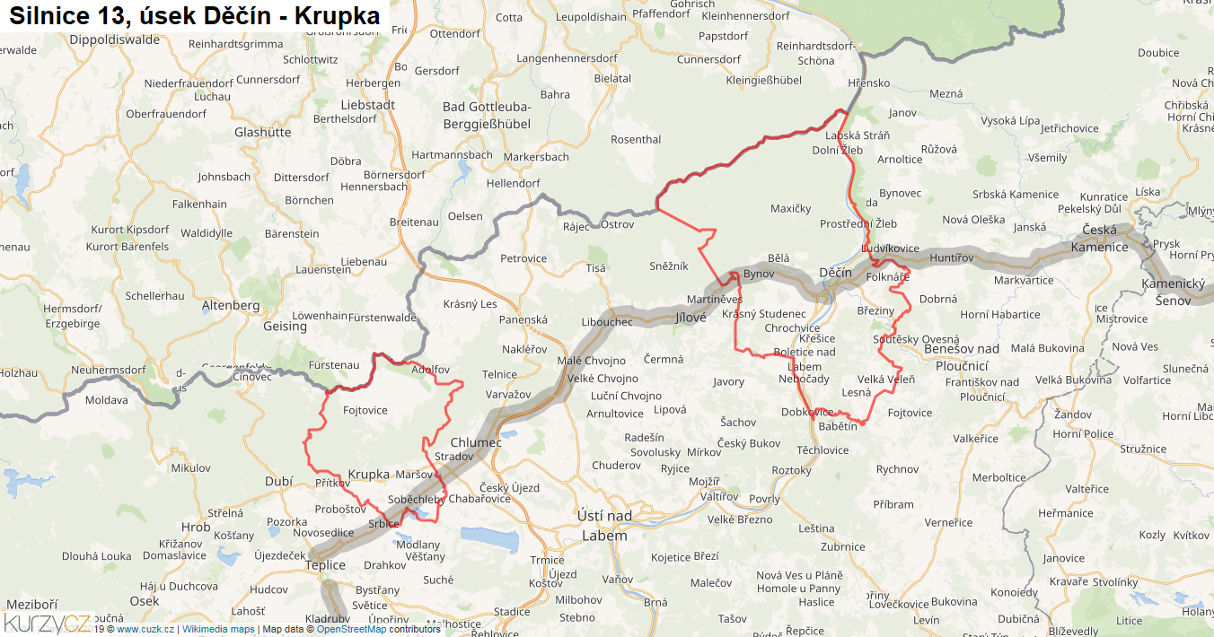 Úsek Děčín - Krupka, Silnice 13 - Mapa
