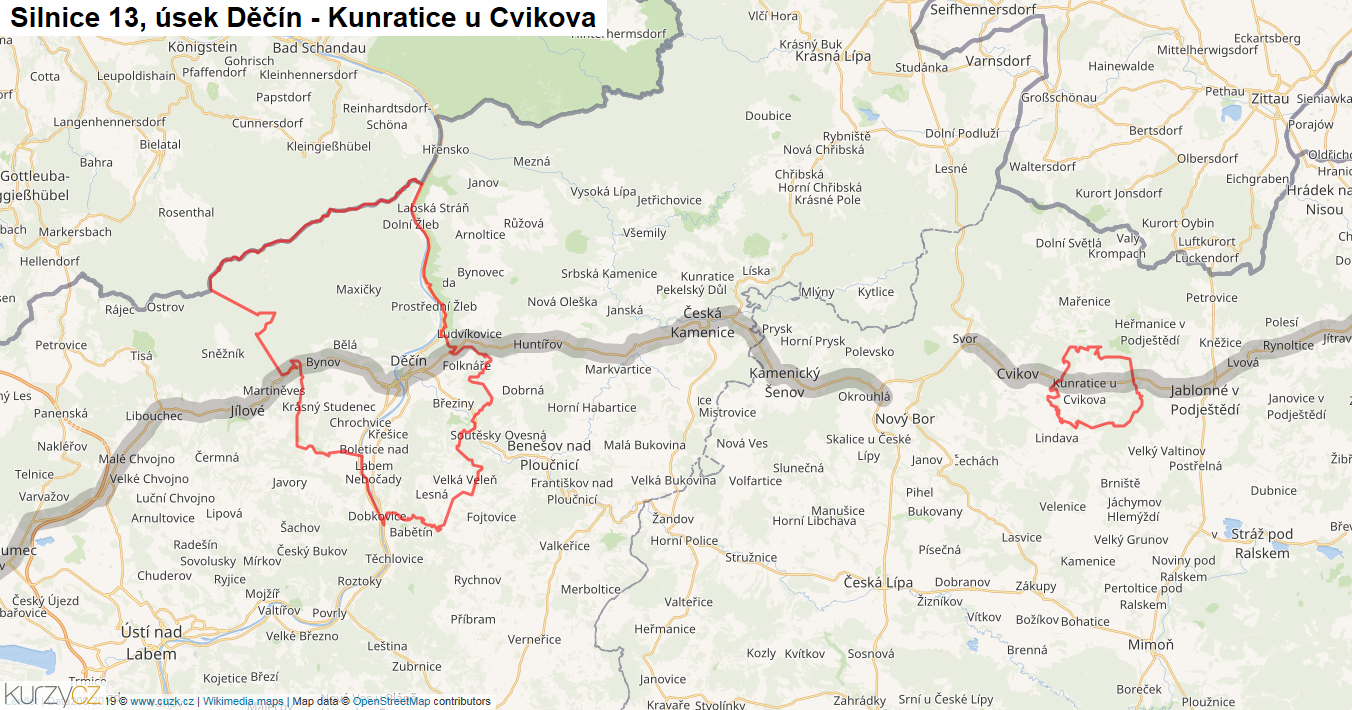 Úsek Děčín - Kunratice u Cvikova, Silnice 13 - Mapa
