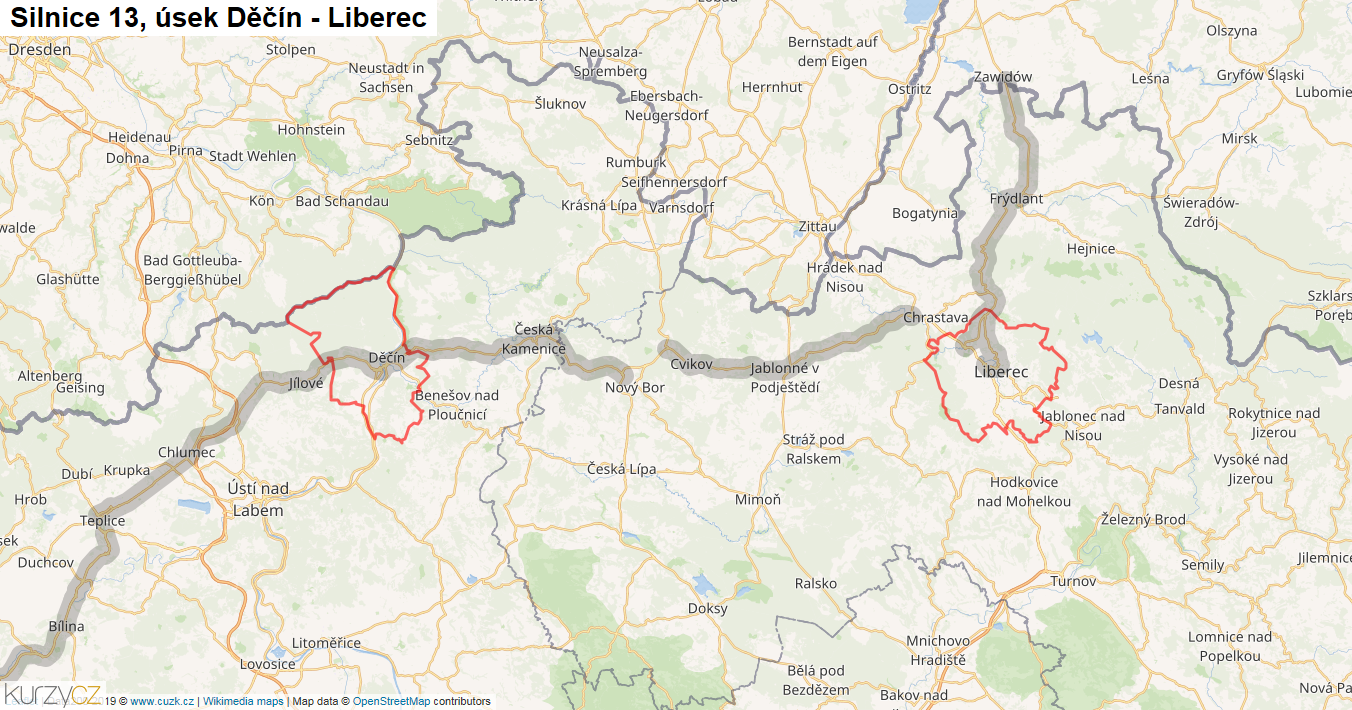 Úsek Děčín - Liberec, Silnice 13 - Mapa