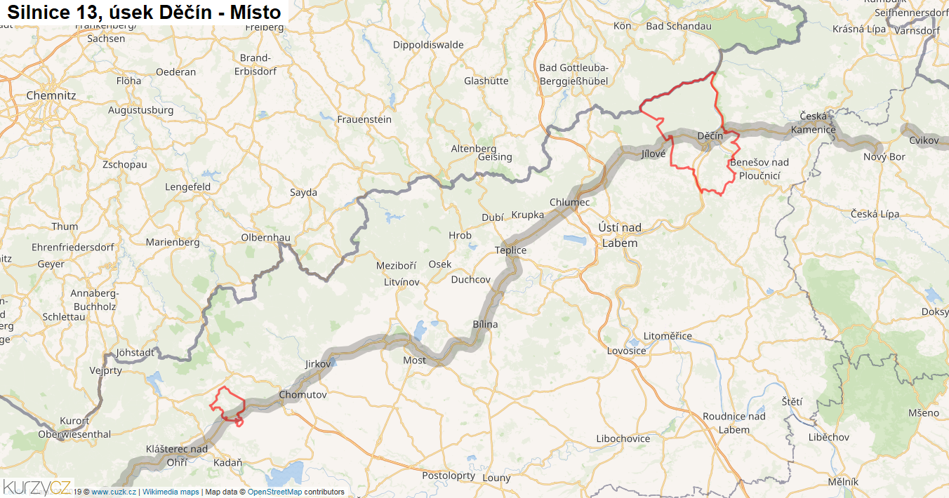 Úsek Děčín - Místo, Silnice 13 - Mapa