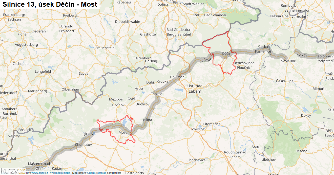 Úsek Děčín - Most, Silnice 13 - Mapa