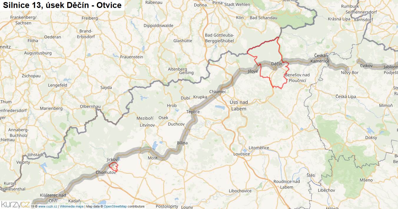 Úsek Děčín - Otvice, Silnice 13 - Mapa