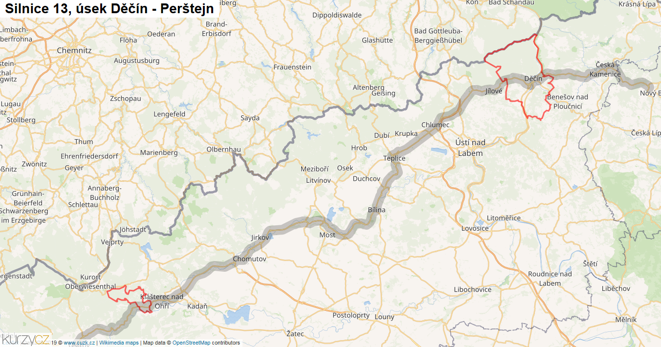 Úsek Děčín - Perštejn, Silnice 13 - Mapa