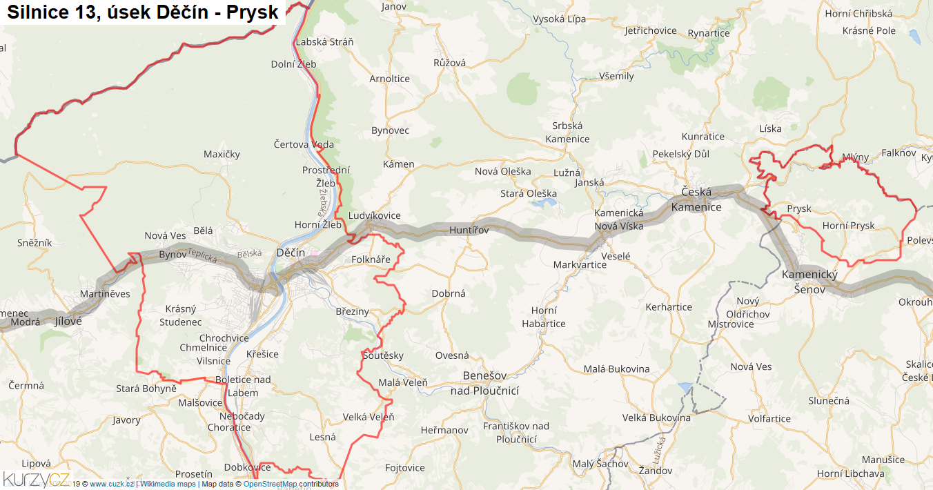 Úsek Děčín - Prysk, Silnice 13 - Mapa