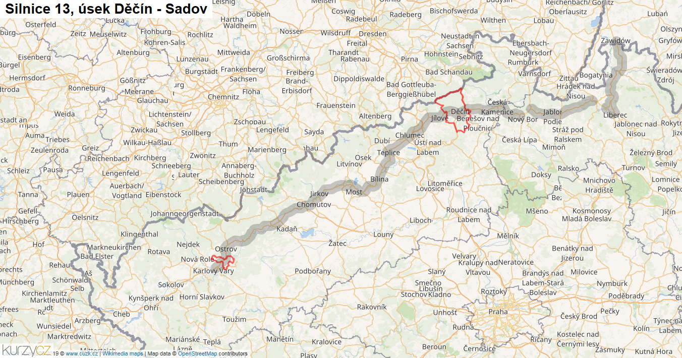 Úsek Děčín - Sadov, Silnice 13 - Mapa