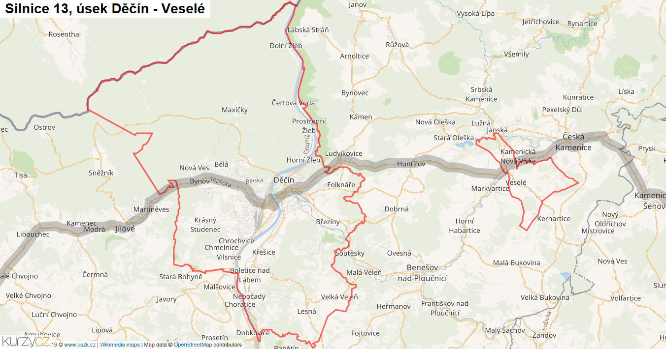 Úsek Děčín - Veselé, Silnice 13 - Mapa