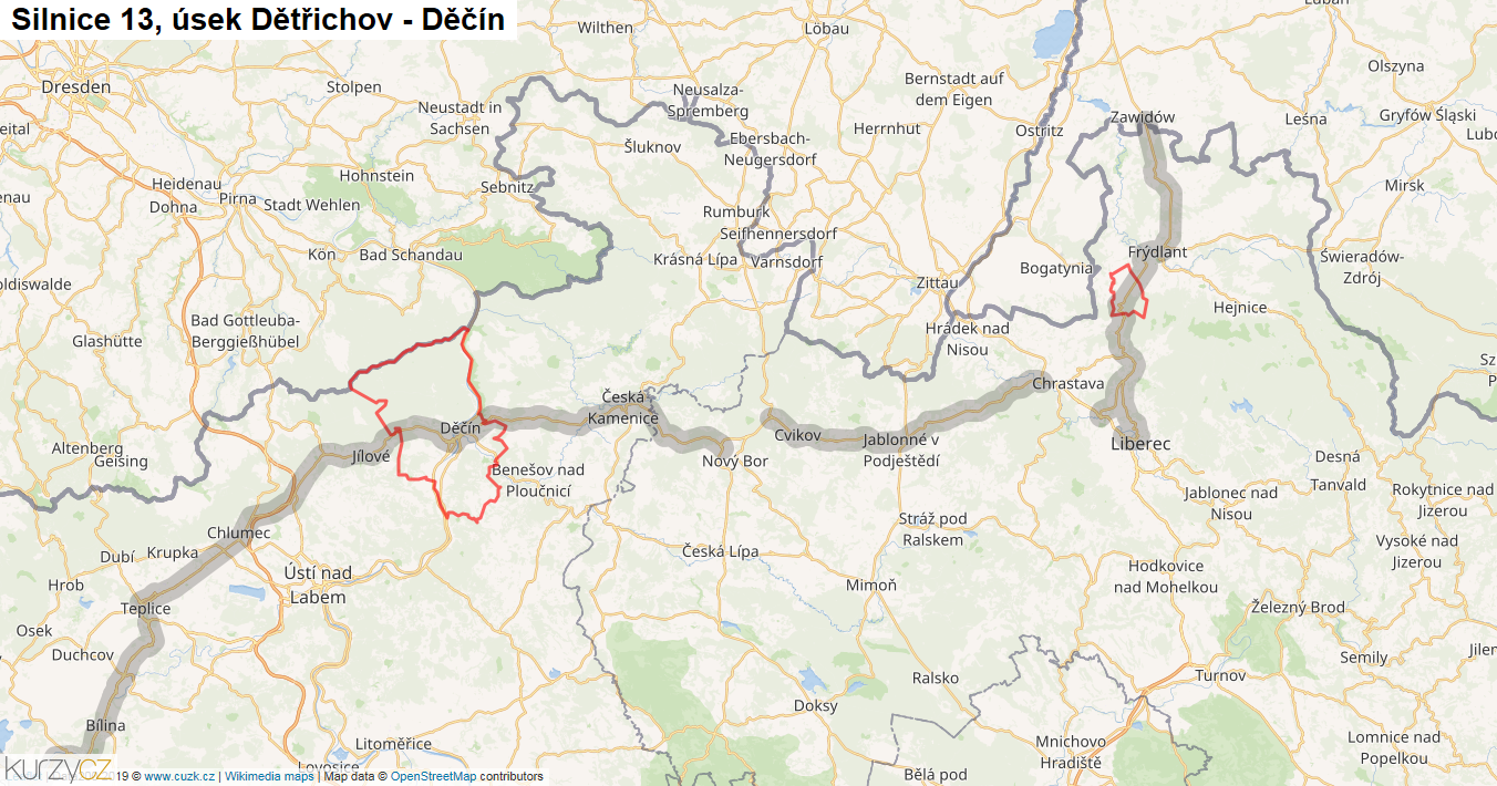 Úsek Dětřichov - Děčín, Silnice 13 - Mapa