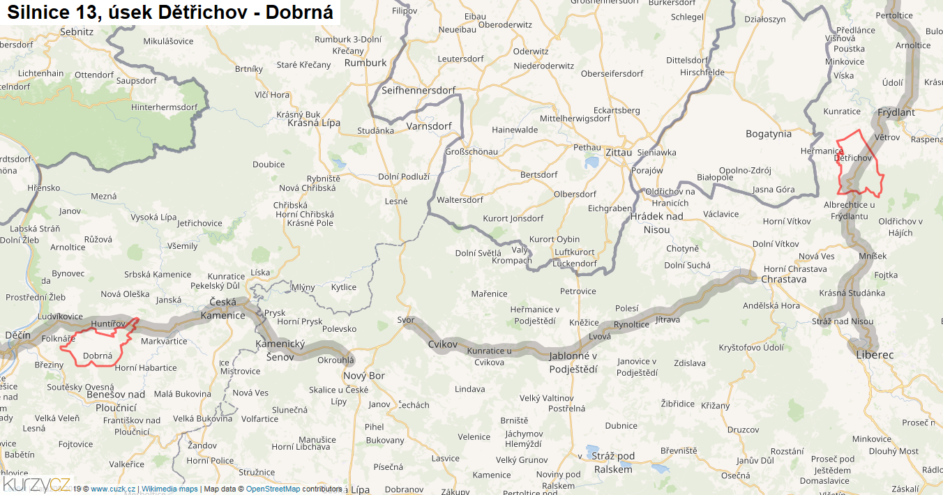 Úsek Dětřichov - Dobrná, Silnice 13 - Mapa