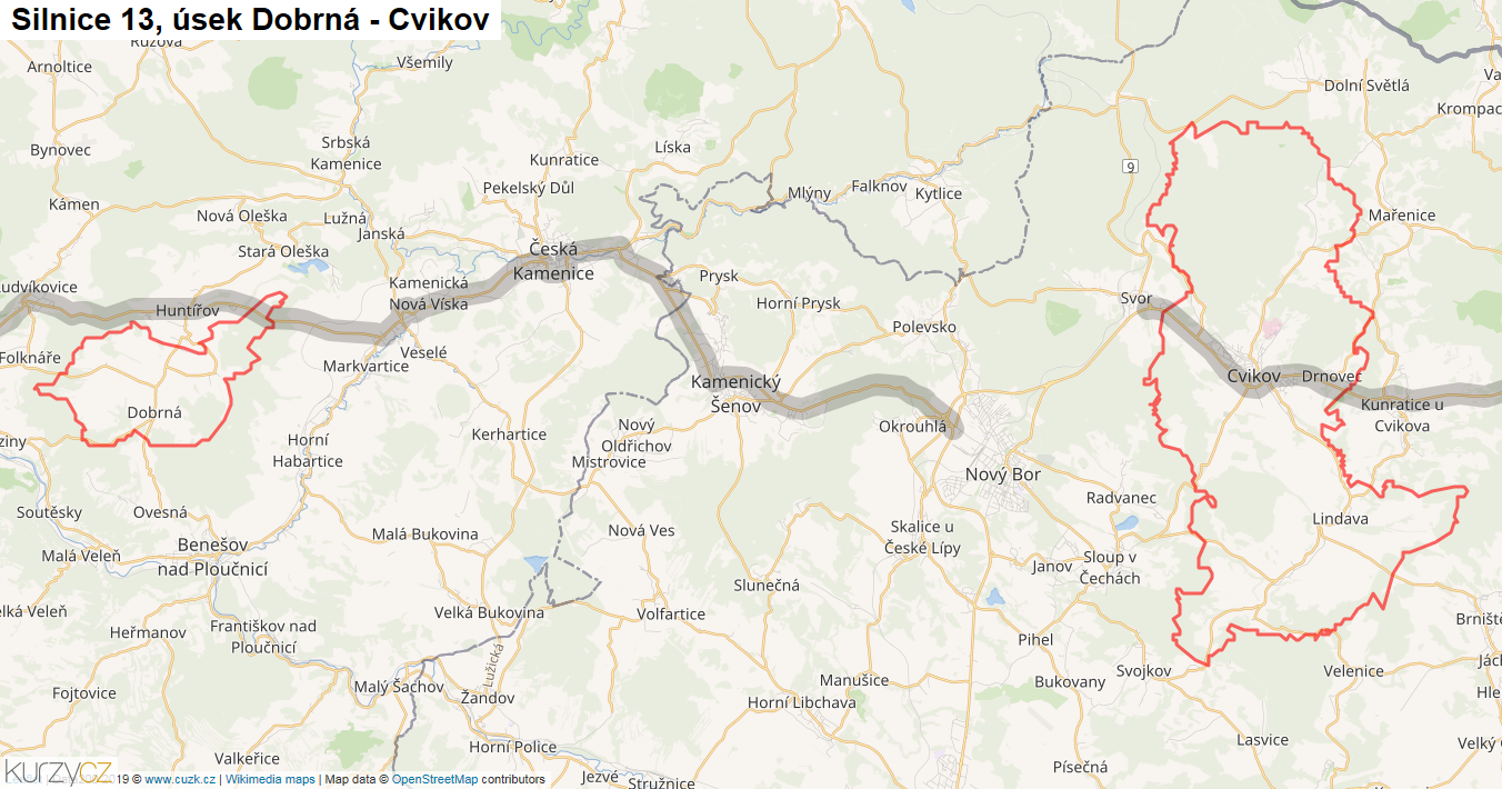 Úsek Dobrná - Cvikov, Silnice 13 - Mapa