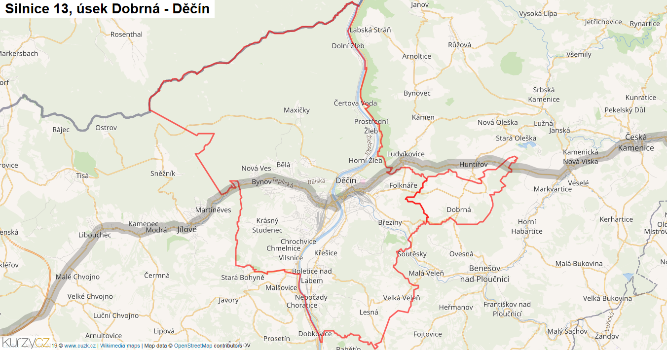 Úsek Dobrná - Děčín, Silnice 13 - Mapa