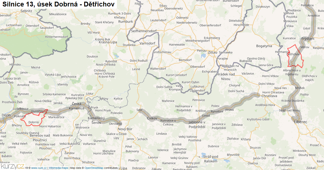 Úsek Dobrná - Dětřichov, Silnice 13 - Mapa