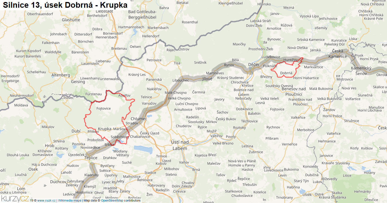 Úsek Dobrná - Krupka, Silnice 13 - Mapa
