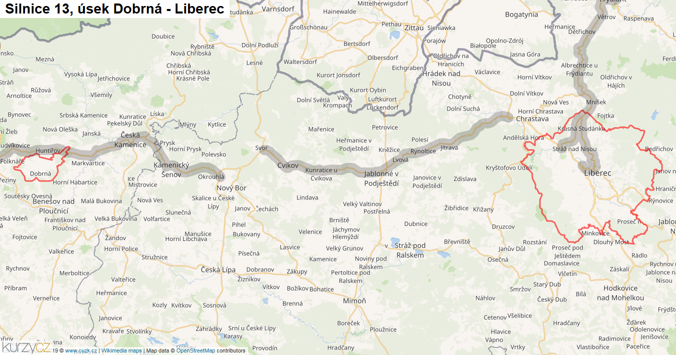 Úsek Dobrná - Liberec, Silnice 13 - Mapa