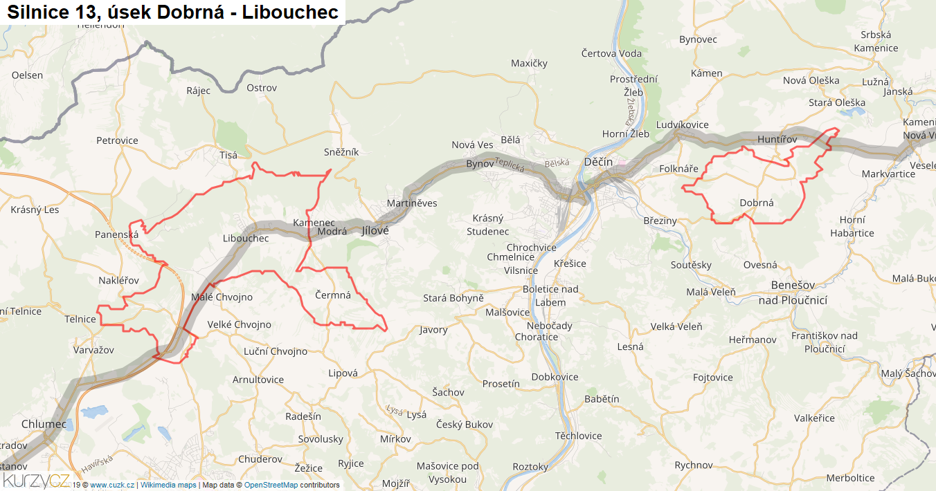 Úsek Dobrná - Libouchec, Silnice 13 - Mapa