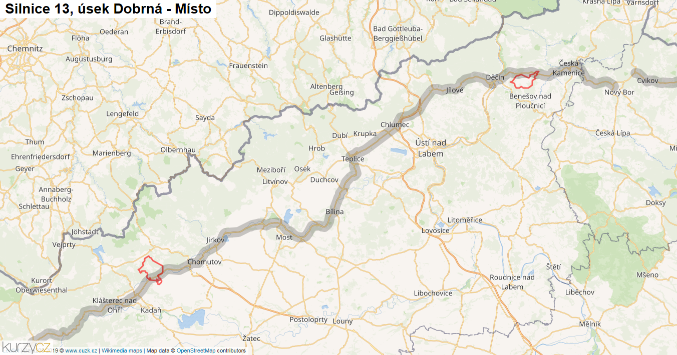 Úsek Dobrná - Místo, Silnice 13 - Mapa