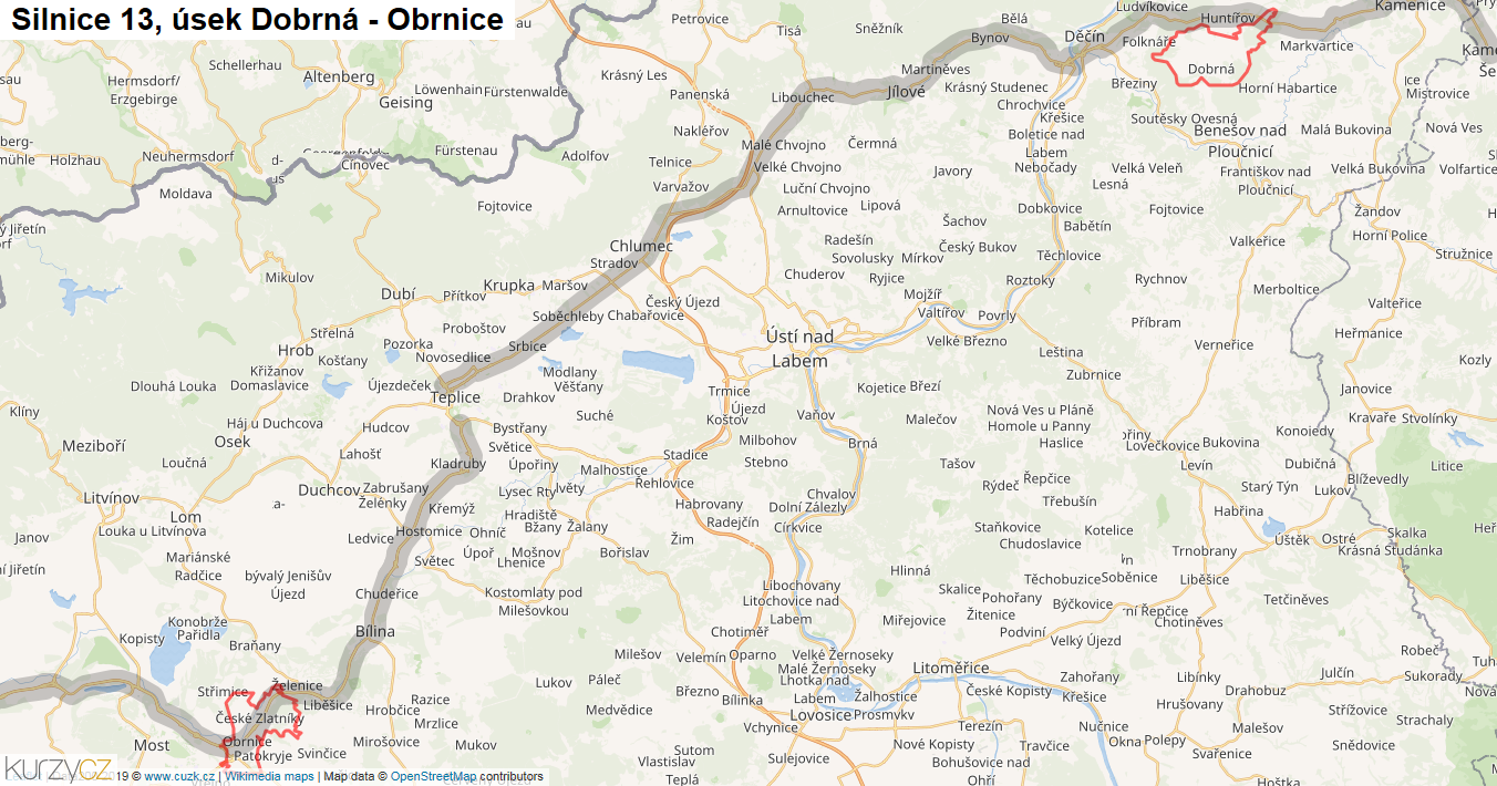 Úsek Dobrná - Obrnice, Silnice 13 - Mapa