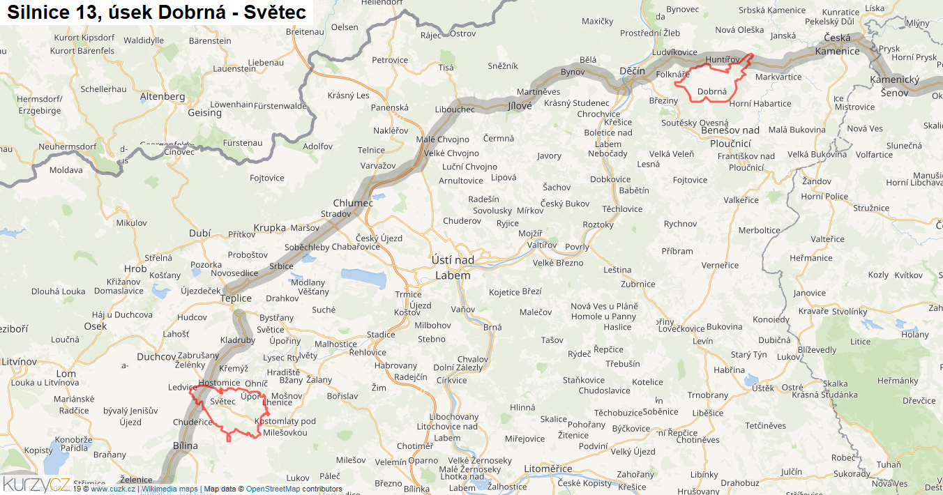 Úsek Dobrná - Světec, Silnice 13 - Mapa