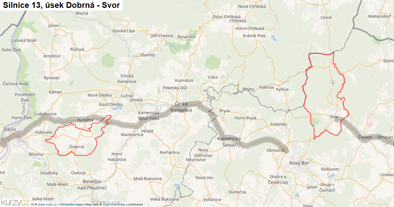 Úsek Dobrná - Svor, Silnice 13 - Mapa