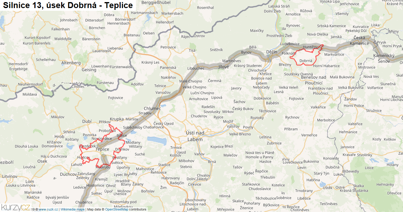 Úsek Dobrná - Teplice, Silnice 13 - Mapa