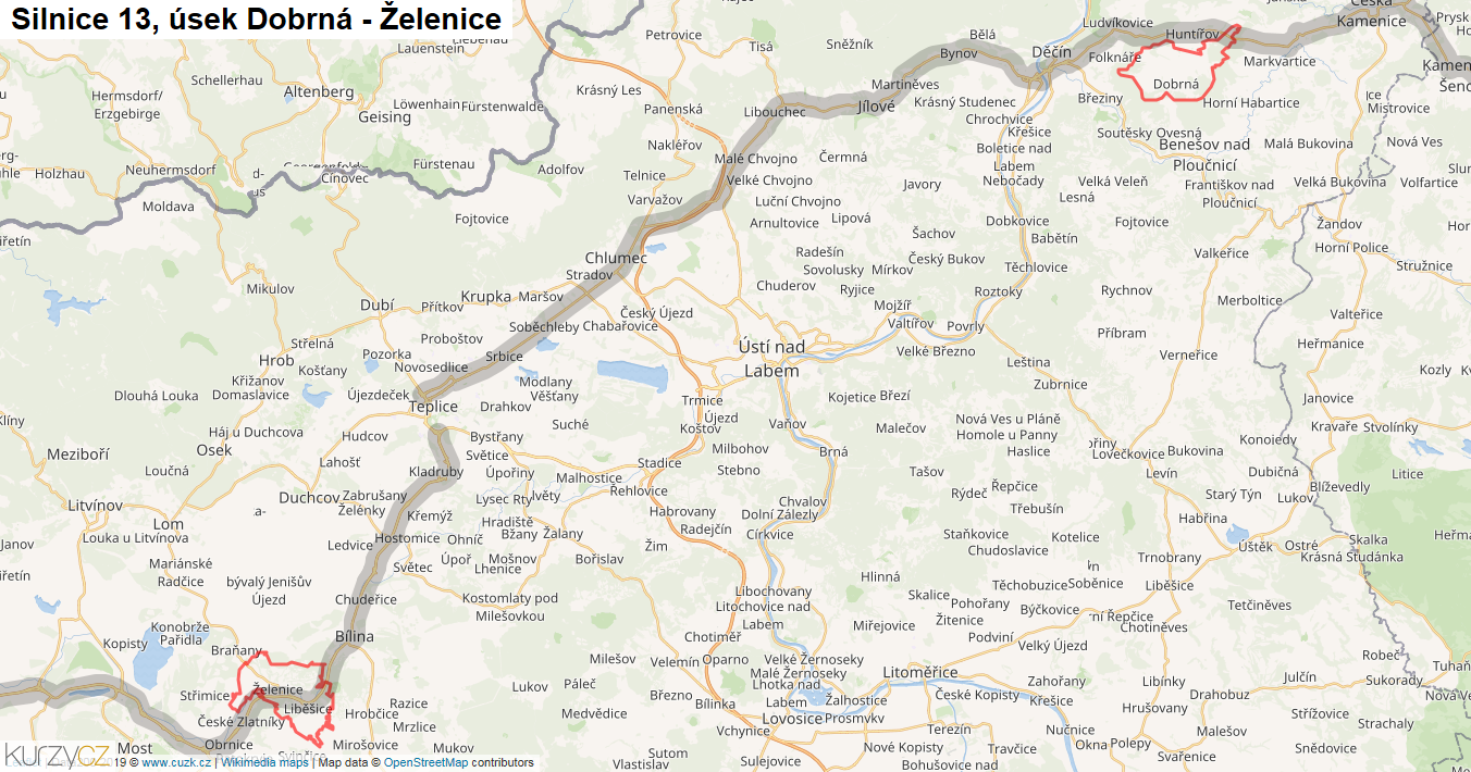 Úsek Dobrná - Želenice, Silnice 13 - Mapa
