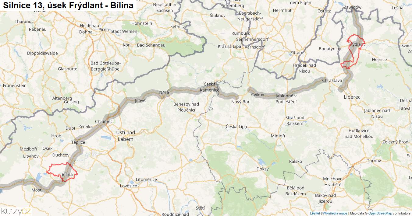 Úsek Frýdlant - Bílina, Silnice 13 - Mapa