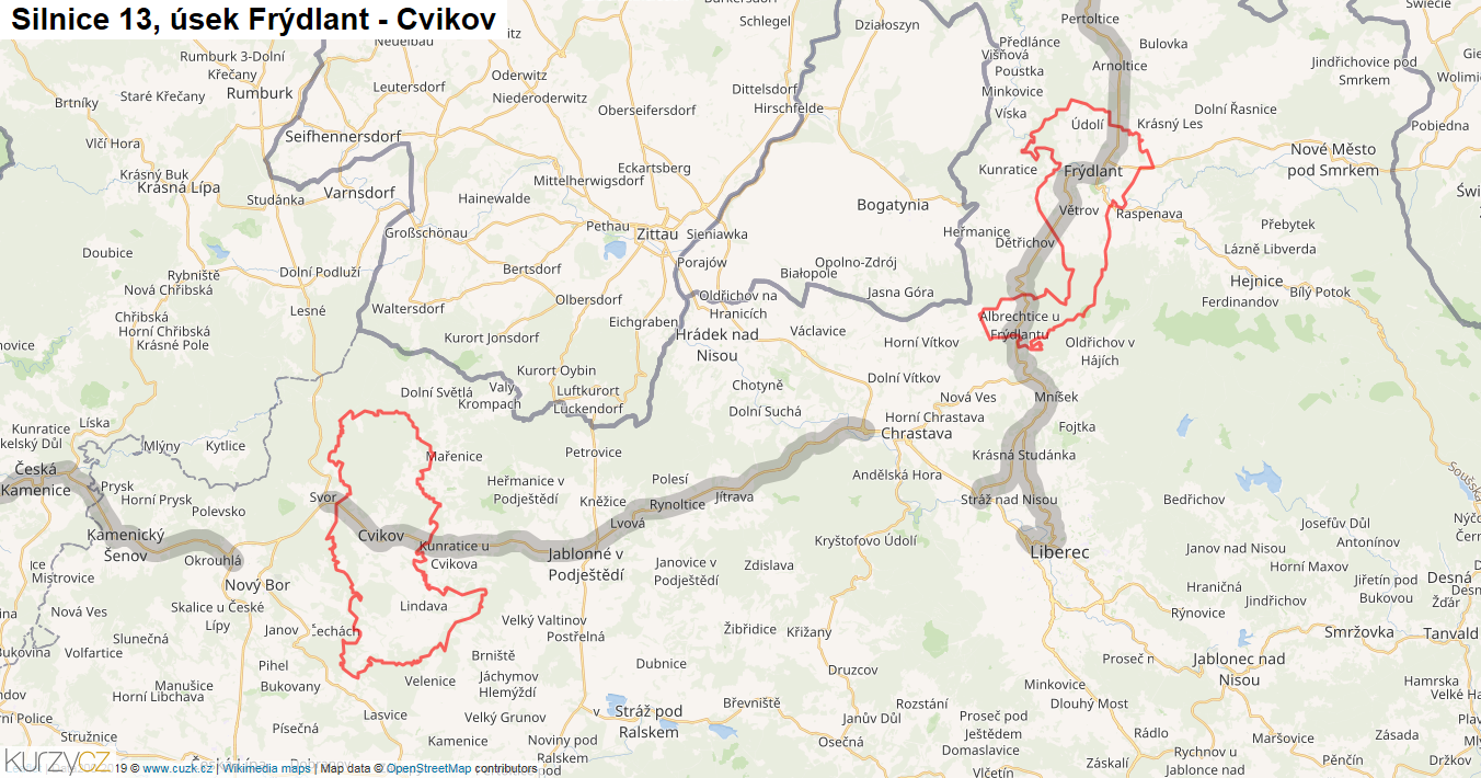 Úsek Frýdlant - Cvikov, Silnice 13 - Mapa