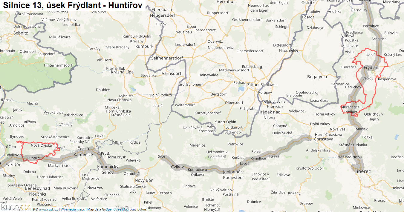 Úsek Frýdlant - Huntířov, Silnice 13 - Mapa