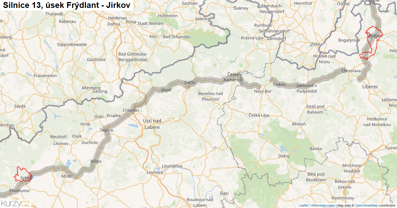 Úsek Frýdlant - Jirkov, Silnice 13 - Mapa