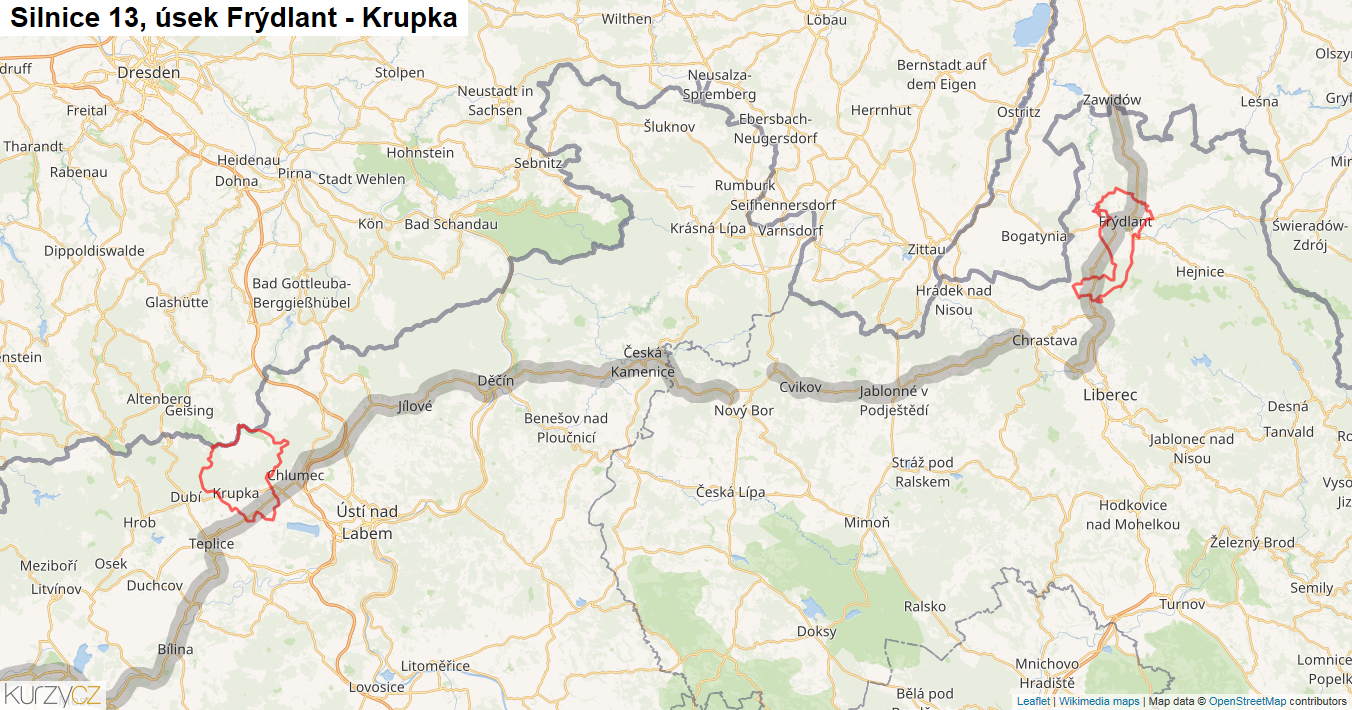 Úsek Frýdlant - Krupka, Silnice 13 - Mapa
