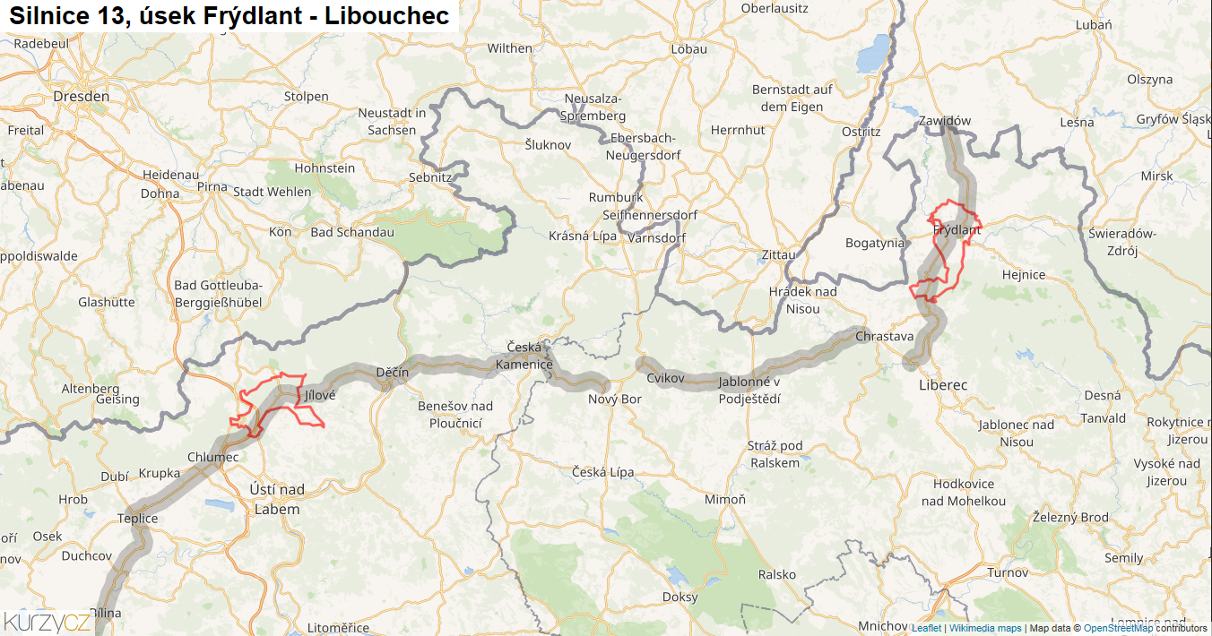 Úsek Frýdlant - Libouchec, Silnice 13 - Mapa