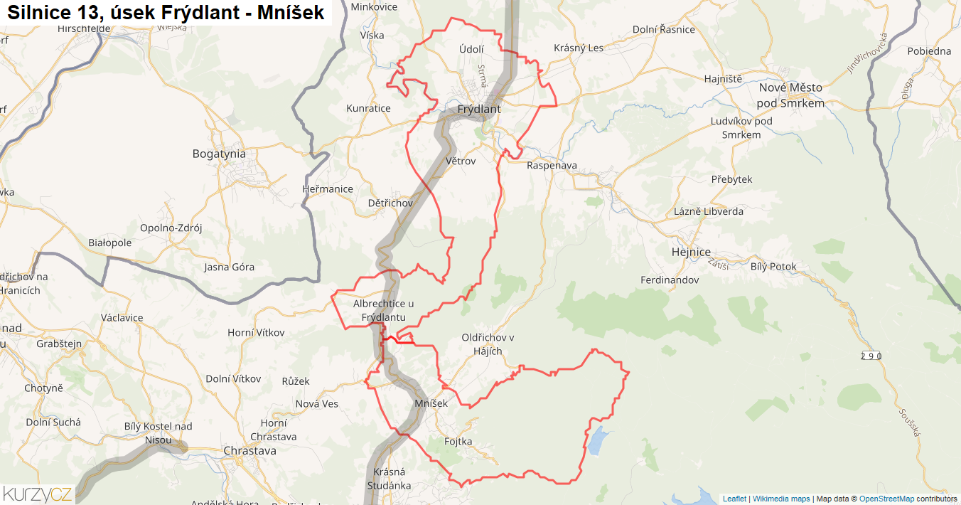 Úsek Frýdlant - Mníšek, Silnice 13 - Mapa
