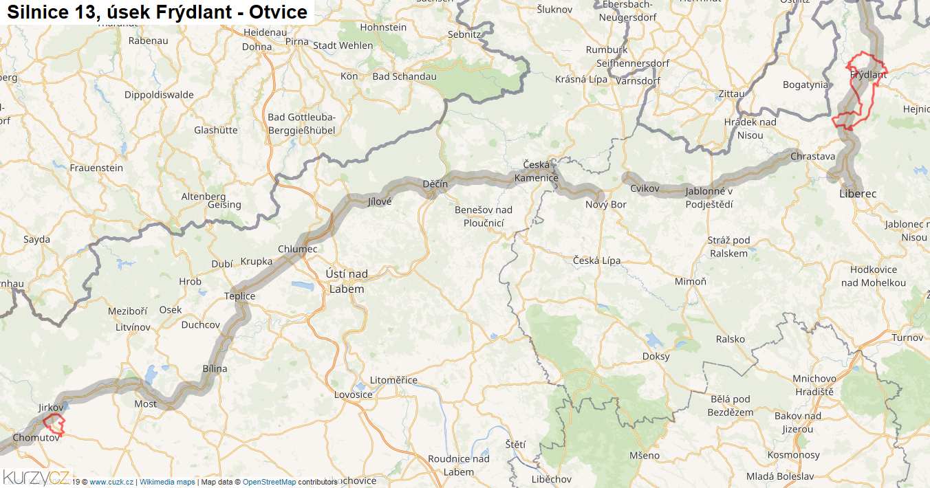 Úsek Frýdlant - Otvice, Silnice 13 - Mapa